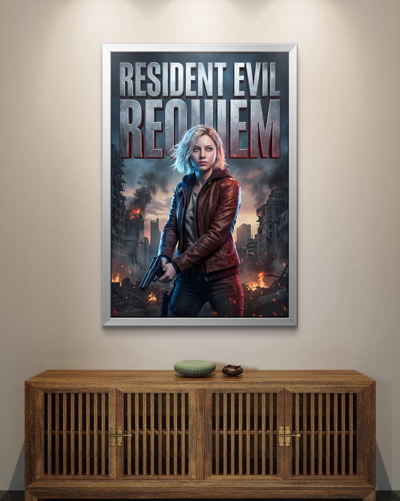 Puede incluir: P&oacute;ster enmarcado con el texto "RESIDENT EVIL REQUIEM" y una imagen de una mujer sosteniendo un arma en un entorno post-apocal&iacute;ptico. La mujer lleva una chaqueta de cuero marr&oacute;n. El p&oacute;ster est&aacute; sobre un mueble de madera.