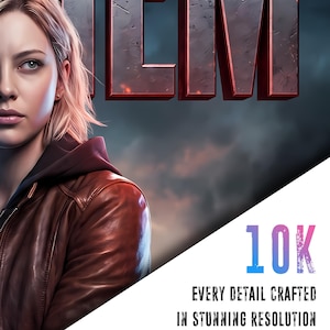 Puede incluir: Impresi&oacute;n de arte digital que presenta a una mujer con cabello rubio que lleva una chaqueta de cuero marr&oacute;n. La palabra "HEM" se muestra en letras met&aacute;licas grandes. El texto en la imagen dice "10K", "EVERY DETAIL CRAFTED IN STUNNING RESOLUTION" y "LARGE-SIZE PRINT READY".