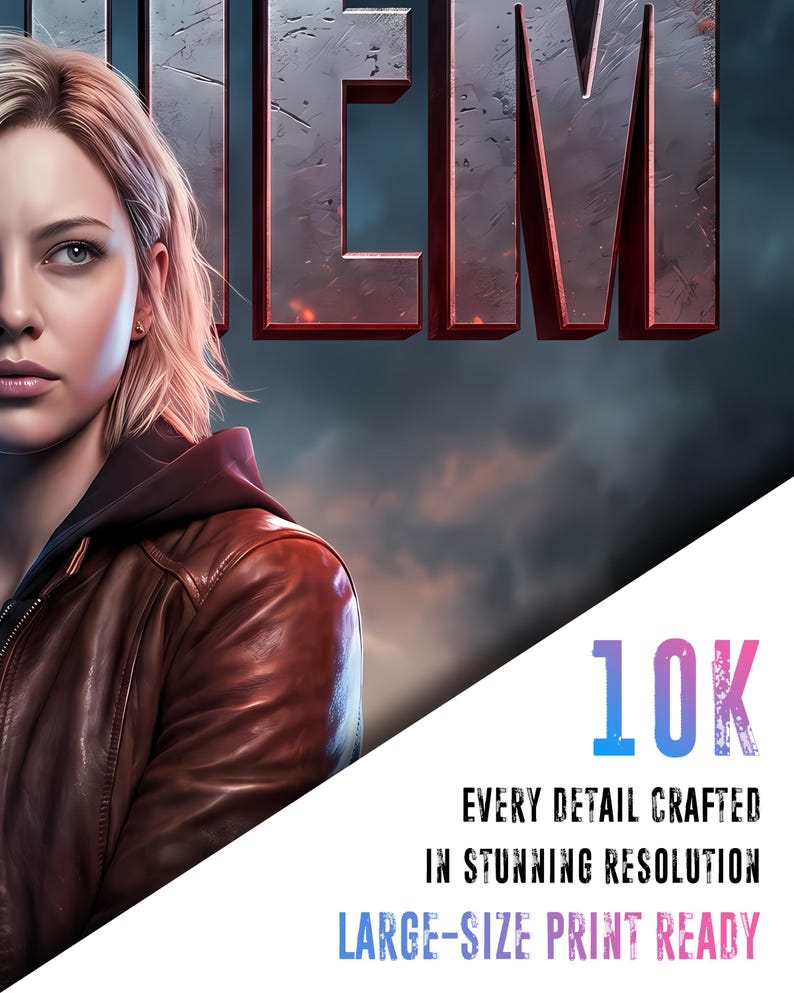 Puede incluir: Impresi&oacute;n de arte digital que presenta a una mujer con cabello rubio que lleva una chaqueta de cuero marr&oacute;n. La palabra "HEM" se muestra en letras met&aacute;licas grandes. El texto en la imagen dice "10K", "EVERY DETAIL CRAFTED IN STUNNING RESOLUTION" y "LARGE-SIZE PRINT READY".