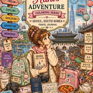 May include: A coloring book titled Hani's Adventure Coloring Series Seoul, South Korea Travel Journal featuring a central illustration of a person with a backpack, camera, passport, subway map, and various Korean food items like kimbap and patbingsu.