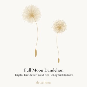 Full Moon Dandelion Gold Set Digital Sticker | Whispers of the Wind | Line Art | GoodNotes | Instant Download PNG