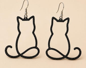 Minimalist style cute black cat silhouette glitter dangle earrings