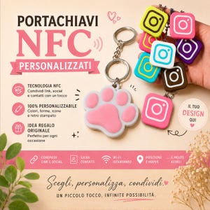May include: A collection of colorful NFC keychains. One keychain features a pink paw print design, while others showcase the Instagram logo in various colors. The keychains are personalized and designed for sharing links and social media.