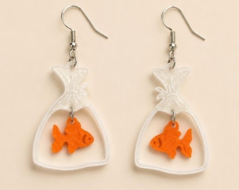 Fish Bowl Earrings 3D Printed – Cute Goldfish Dangle Earrings – Kawaii Aquarium Jewelry