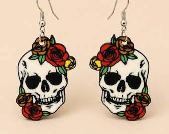 Gothic Rock Style Skull Earrings with Colorful Dangling Roses