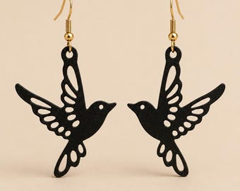 Handmade black swallow earrings, swallow earrings boho gothic, bird jewelry lightweight, statement earrings