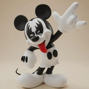 May include: A black, white, and red figurine of Mickey Mouse in a rock and roll pose. The figure has a black and white face, white gloves, and a red tongue sticking out. The figure is wearing white shorts and black shoes.