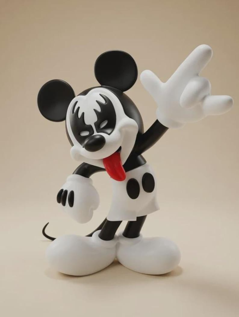 May include: A black, white, and red figurine of Mickey Mouse in a rock and roll pose. The figure has a black and white face, white gloves, and a red tongue sticking out. The figure is wearing white shorts and black shoes.