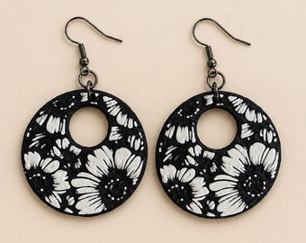 Handmade black and white floral earrings, boho chic statement earrings, lightweight round earrings, floral jewelry for women
