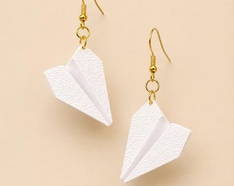 White paper airplane earrings with gold hook