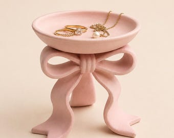 Pink Bow Jewelry Dish, Elegant Ring Holder, Guest Gift
