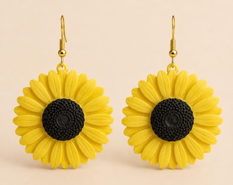 3D Printed Sunflower Earrings, Handmade Floral Jewelry, Boho Summer Jewelry