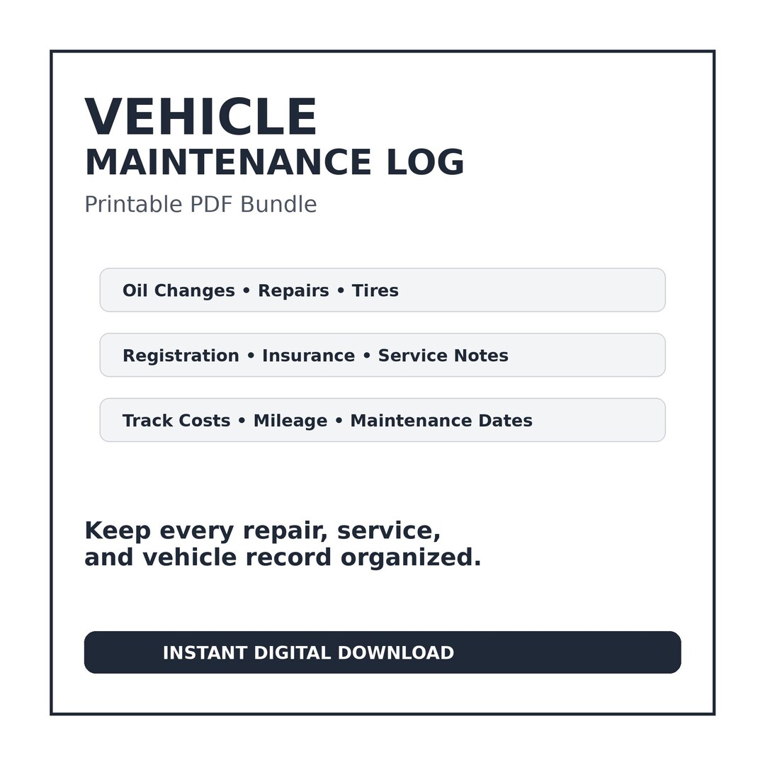 Vehicle Maintenance Log PDF | Printable Car Service Record Book | Auto ...