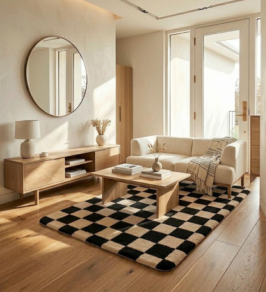 Faded Checkerboard Rug Hand Tufted Checkered Rug, Black White Checkerboard Carpet, Modern Wool ...