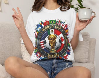Copy of World Cup 2026 Trophy & Flags T-shirt | Soccer Ball Stadium Design