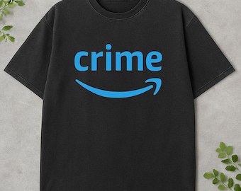 crime T-Shirt | Parody logo design, blue text and smile swoosh