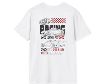 Blank White T-Shirt with Cars and Red Graphic