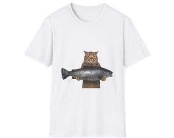 Cat Holding Salmon T-Shirt | Funny Cat Fish Design