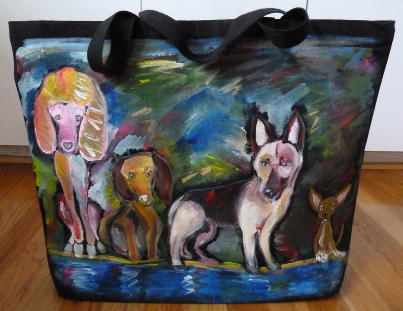 Dog Tote Bag-Poodle-Dachshund-Chichuahua-German Shepherd-Jumbo Heavy Duty Tote Bag-Original Hand Painted-Black Cotton Canvas-Dog Lovers