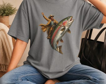 Cowboy Rides Trout Tee Vintage Western Fishing Shirt Comfort Colors Retro Graphic T-Shirt Trendy Aesthetic Cowboy Tee