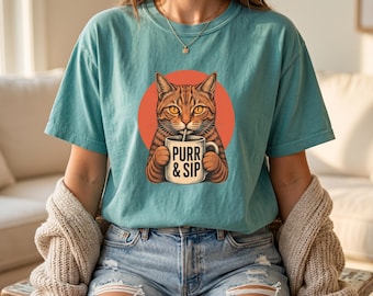 Purr And Sip Cat Shirt, Funny Orange Cat Tee, Cat Lover Coffee Gift, Cute Cat Coffee Shirt, Cat Mom Tee