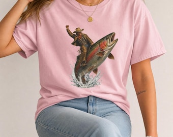 Rodeo Trout Tee Vintage Western Cowboy Fishing Shirt Comfort Colors Retro Graphic T-Shirt Funny Aesthetic Cowboy Fish Tee