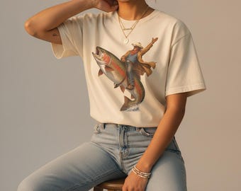 Wild Trout Cowboy Tee Vintage Western Fishing Shirt Comfort Colors Retro Graphic T-Shirt Funny Aesthetic Cowboy Fish Tee