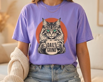 Daily Grind Cat Shirt, Funny Maine Coon Tee, Cat Lover Coffee Gift, Fluffy Cat Coffee Shirt, Cat Mom Tee