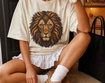 Comfort Colors® Mystical Lion Sun Shirt, Celestial Lion Tee, Cute Graphic Tee, Leo Zodiac Gift Shirt