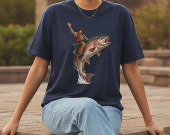 Trout Surfer Cowboy Tee Vintage Western Fishing Shirt Comfort Colors Retro Graphic T-Shirt Funny Aesthetic Western Fish Tee
