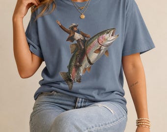 Cowboy Rides Trout Tee Vintage Western Fishing Shirt Comfort Colors Retro Graphic T-Shirt Funny Aesthetic Rodeo Fish Tee