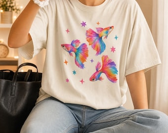 Rainbow Guppy Graphic Tee Retro Colorful Fish Shirt Comfort Colors Aesthetic Sea Life Top Trendy Cottagecore Fish Tee