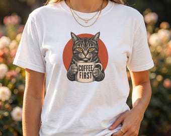 Coffee First Cat Shirt, Funny Cat Coffee Tee, Cat Lover Gift, Cat Mom Shirt, Cute Tabby Cat Tee, Coffee Lover Gift