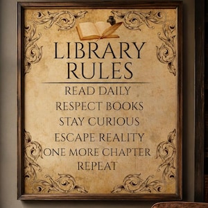 Vintage Library Rules Printable Wall Art, Reading Room Sign (Digital Download)