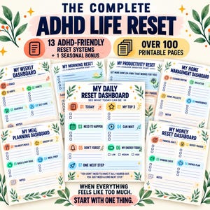 May include: A collection of printable planner pages titled The Complete ADHD Life Reset, featuring dashboards for daily, weekly, meal, home, and money management. The pages include checklists, icons, and floral accents with text like My Daily Reset Dashboard.