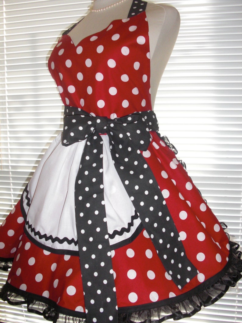 French Maid Apron Pin-up Retro Style Costume Apron Flirty Skirt Sweetheart Neckline Red with Big White Polka Dots