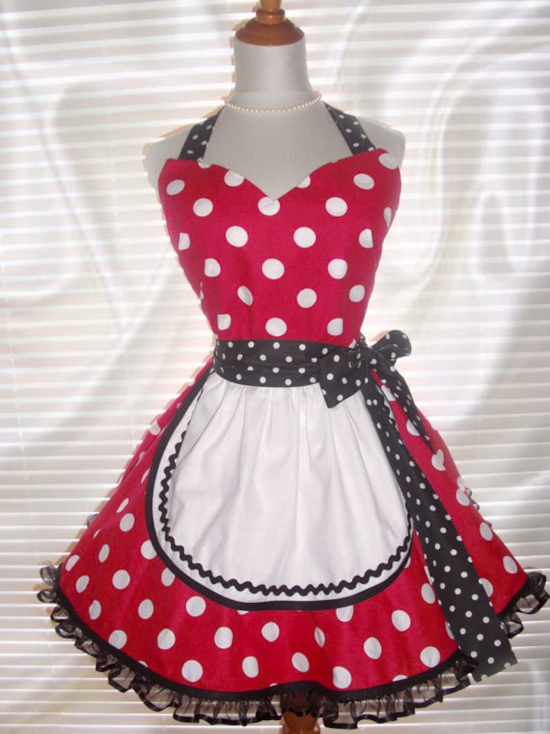 French Maid Apron Pin-up Retro Style Costume Apron Flirty Skirt Sweetheart Neckline Red with Big White Polka Dots