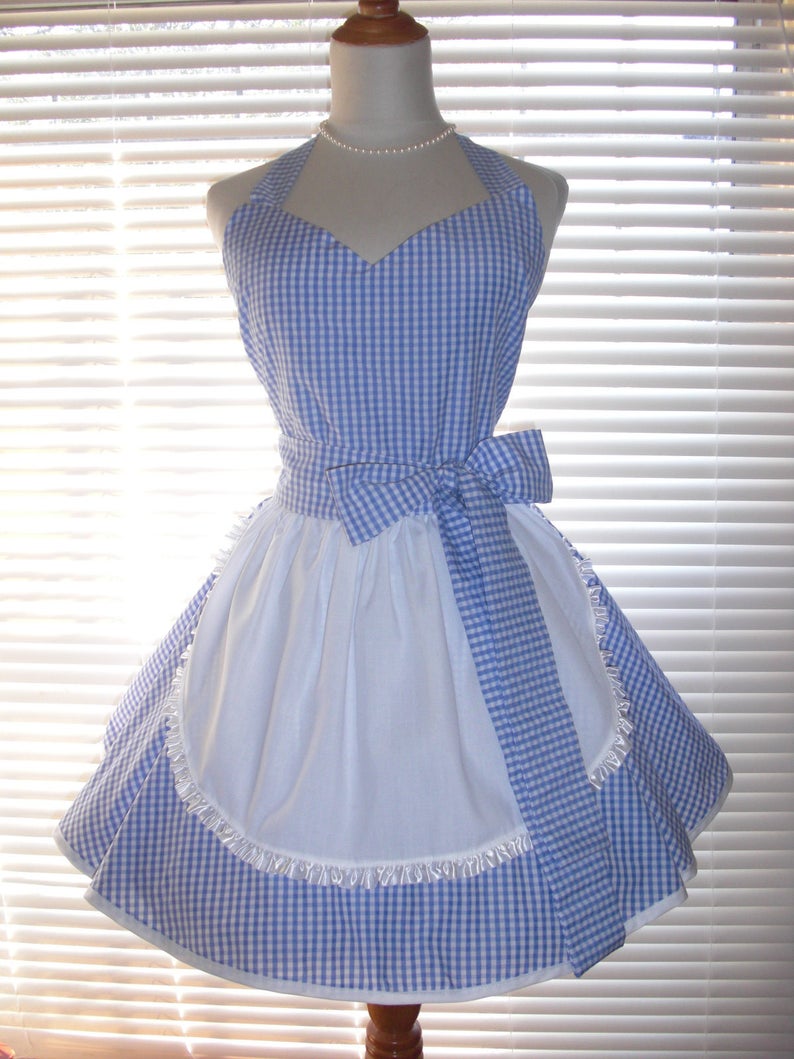 PLUS SIZE Retro Costume Apron French Maid Apron Blue and White Gingham