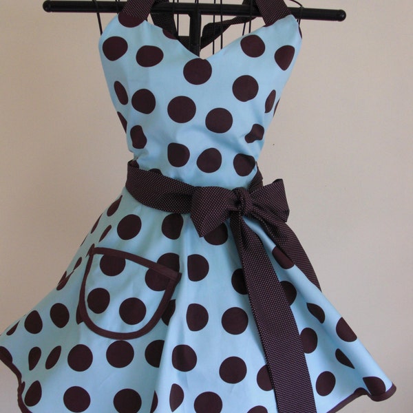 Retro Apron Brown Dots on Light Aqua Blue with Circular Flirty Skirt