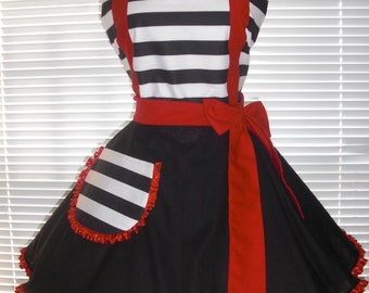 Costume Apron - Retro Diner Style Apron - Black and White Stripes Accented With Red Extra Full Circular Skirt Womens Apron with Pocket