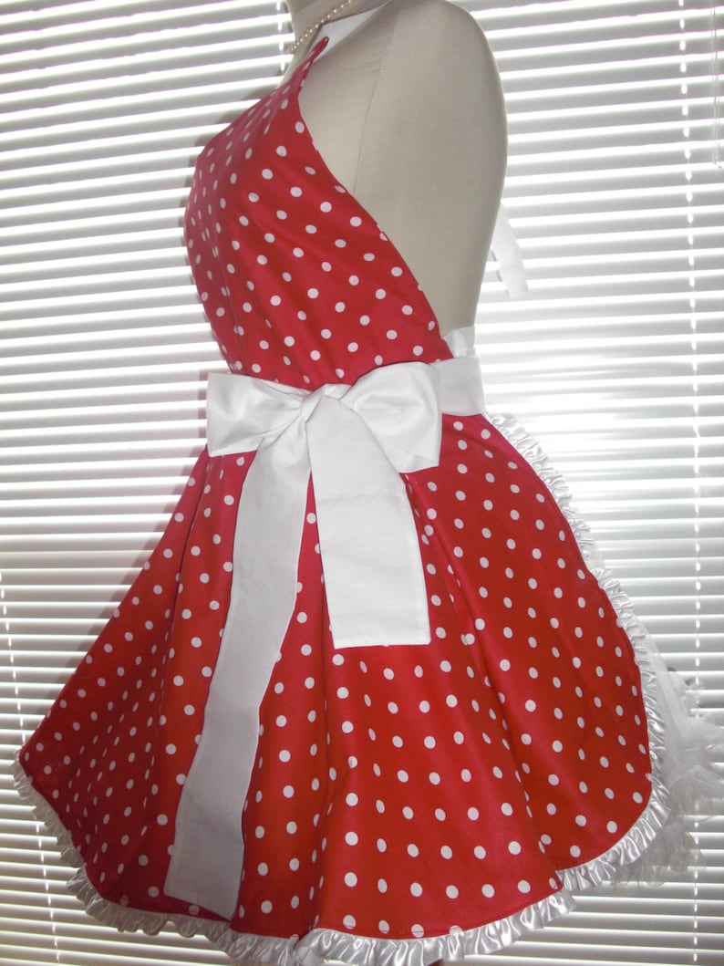 Sweetheart Retro Diner Apron White Dots On Red White Accents Circular Flirty Skirt Trimmed with Ruffled Ribbon