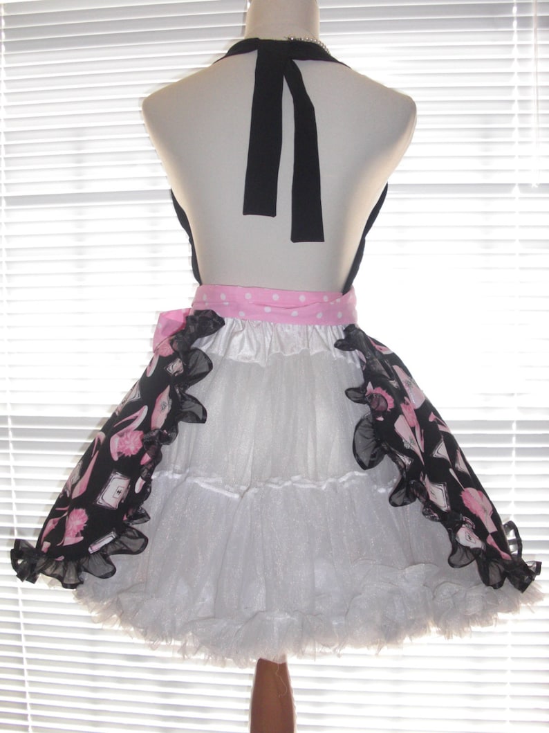 Black and Pink Retro Look Fabric Paired with Pink and White Retro Dots Flirty Circular Skirt Retro Pinup Style Apron Girly Silver Bling