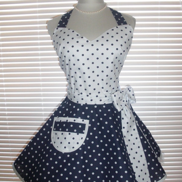 Fifties Style Sweetheart Retro Apron Navy Blue White Polka Dots Circular Flirty Skirt