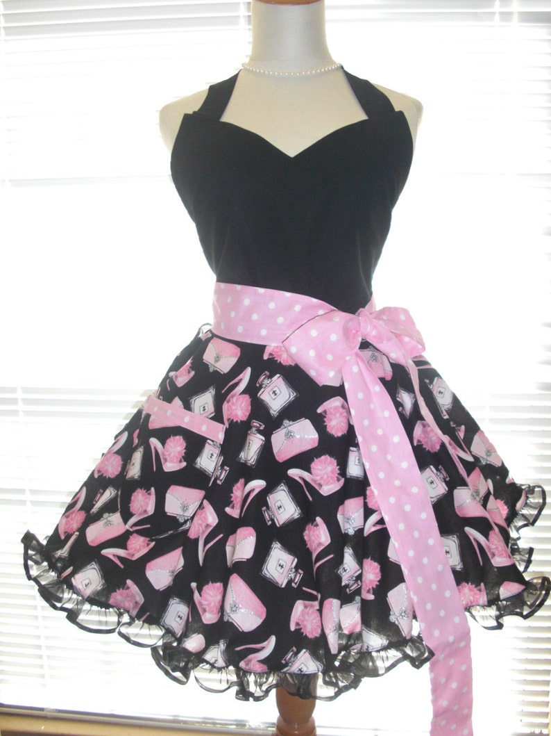 Black and Pink Retro Look Fabric Paired with Pink and White Retro Dots Flirty Circular Skirt Retro Pinup Style Apron Girly Silver Bling