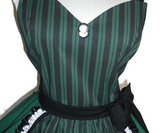 PLUS SIZE Dark Green and Black Stripes French Maid - Costume Apron - Pin-up Retro Style Apron - Flirty Skirt Sweetheart Neckline with Cameo