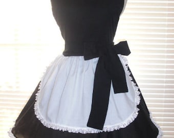 Frilly French Maid Apron Pin-up Retro Style Black and White Flirty Skirt Sweetheart Neckline