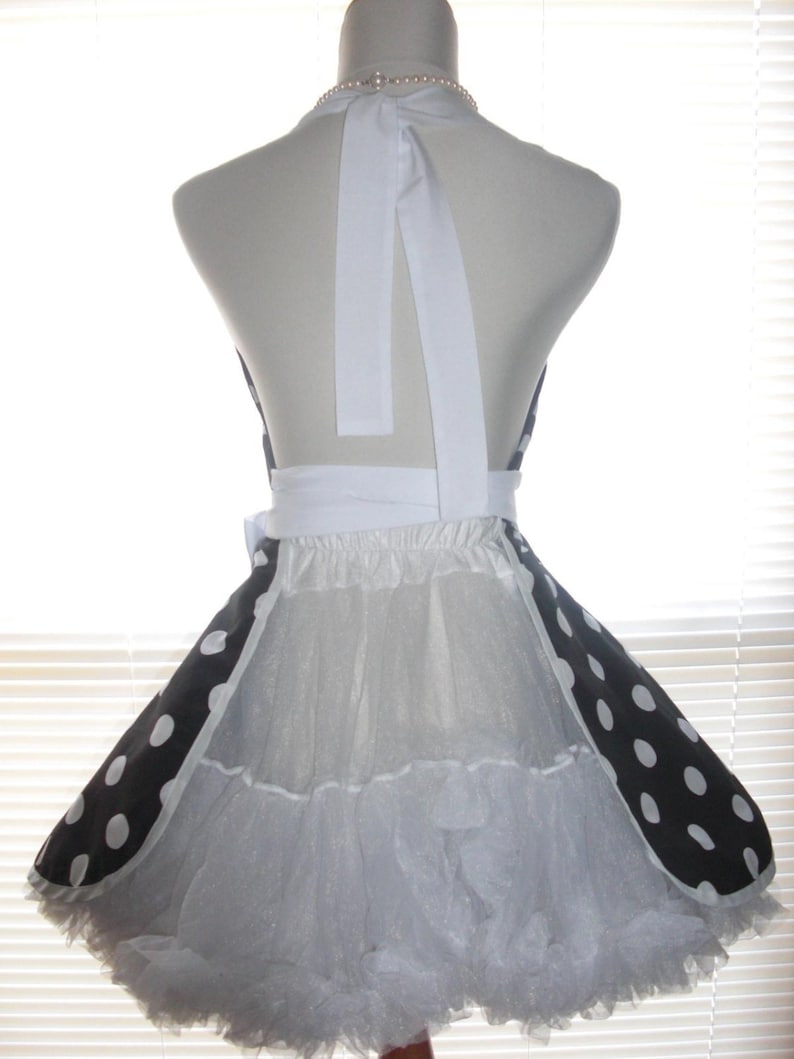 Pin-up Retro Style Black with Large White Polka Dots Flirty Skirt Sweetheart Neckline Womens Full Apron French Maid Apron