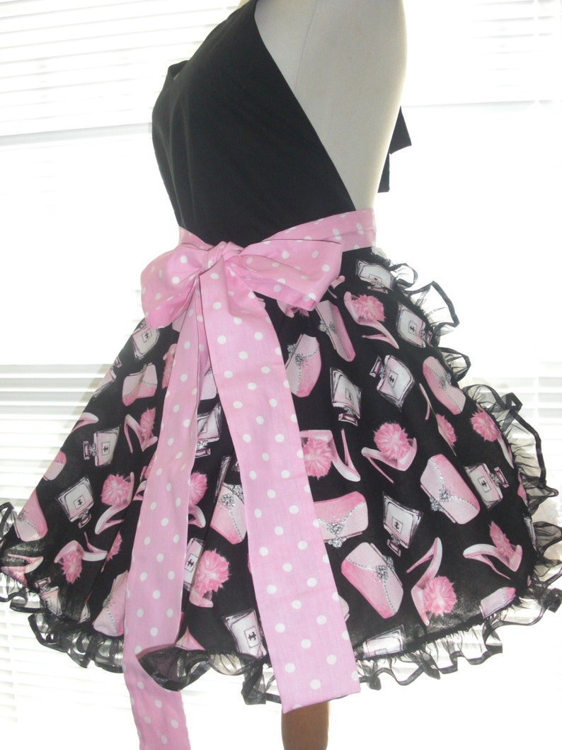 Black and Pink Retro Look Fabric Paired with Pink and White Retro Dots Flirty Circular Skirt Retro Pinup Style Apron Girly Silver Bling