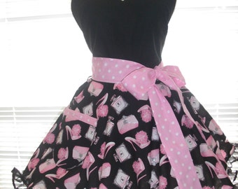 Retro Pinup Style Apron  Girly Silver Bling, Black and Pink Retro Look Fabric Paired with Pink and White Retro Dots Flirty Circular Skirt