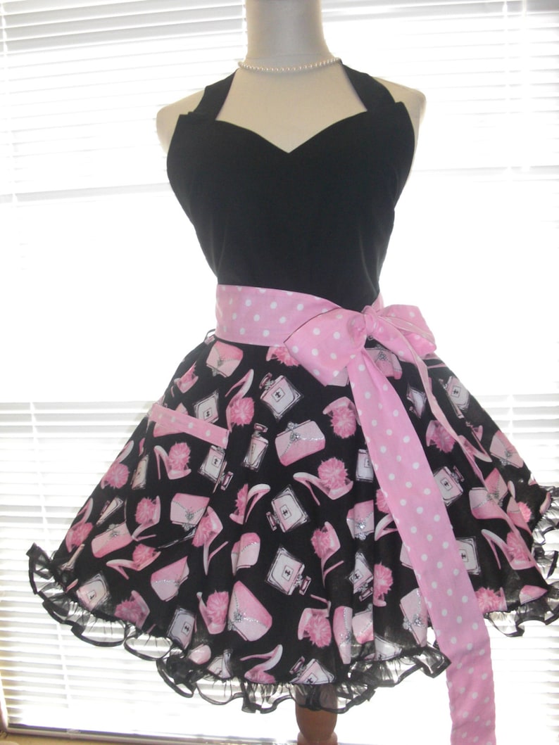 Black and Pink Retro Look Fabric Paired with Pink and White Retro Dots Flirty Circular Skirt Retro Pinup Style Apron Girly Silver Bling